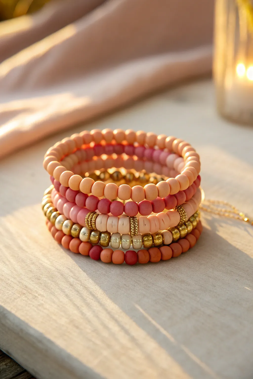 Sunset-toned clay bead bracelet stack with gold spacers, glowing in warm golden hour light