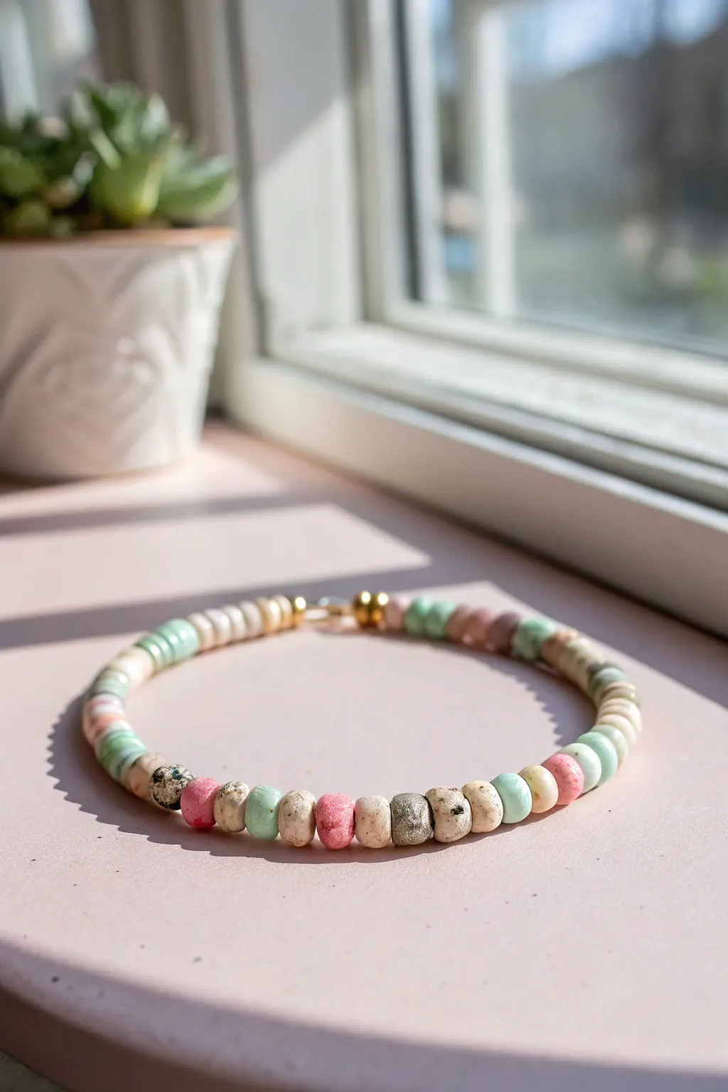 Soft speckled confetti clay heishi bracelet with calming solid accents for a sweet minimalist look
