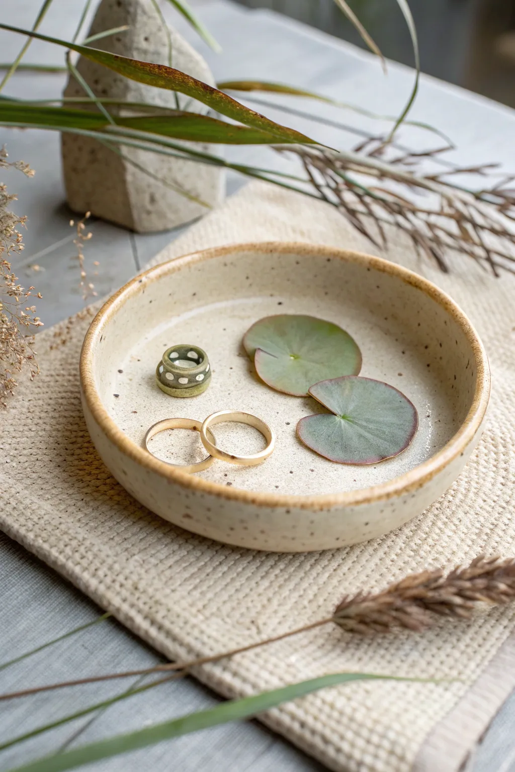A tiny pond diorama dish with a simple ring holder element—minimal, boho, and handmade-cute.