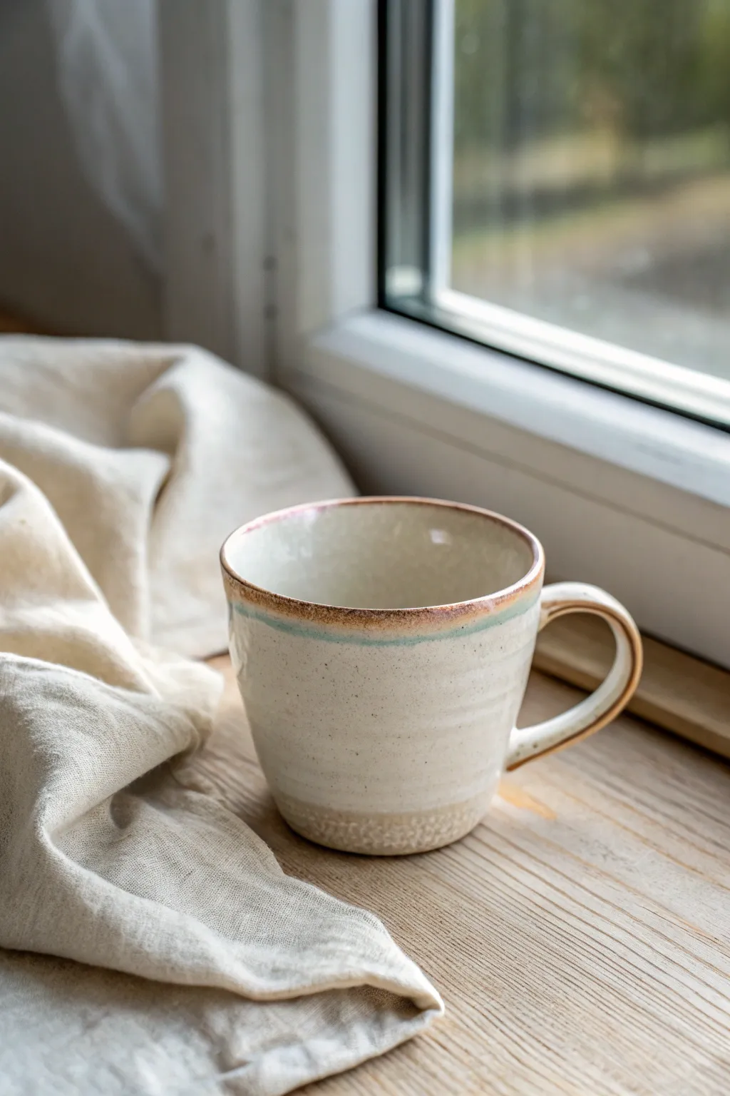 Minimal stoneware cup with a soft iridescent luster rim, glowing gently in natural light