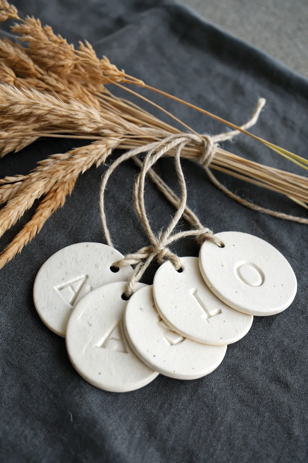 Minimal air-dry clay alphabet tags tied with twine, ready to personalize your next gift