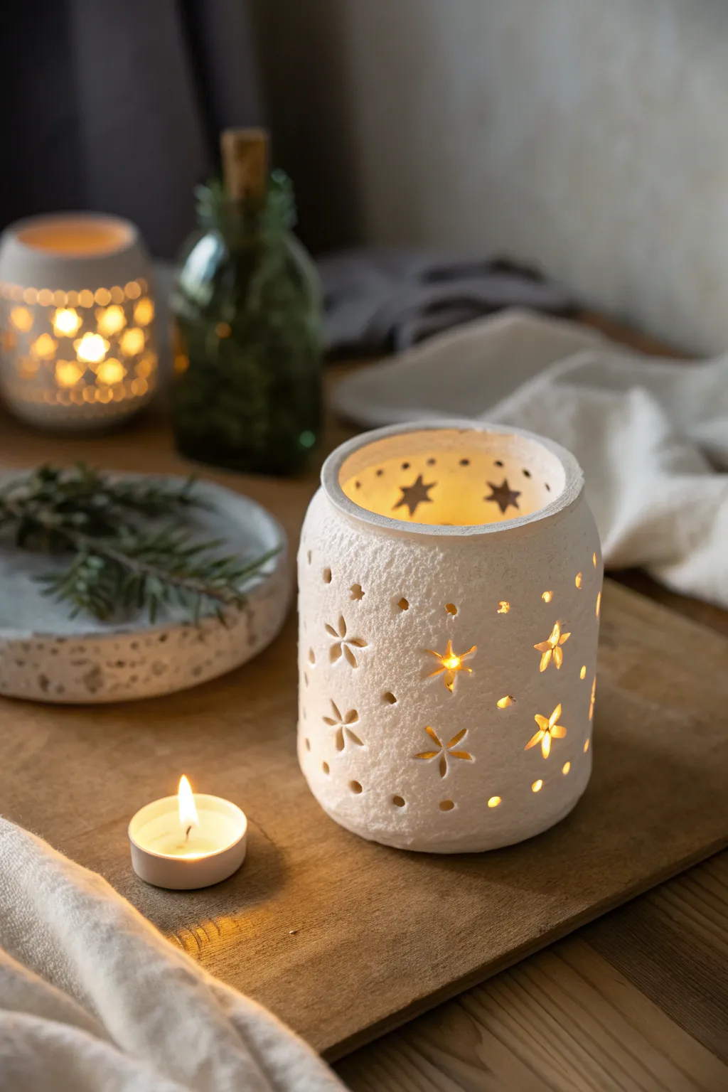 Soft-glow air-dry clay lantern wrap with punched stars and dots, a kid-friendly nightlight DIY