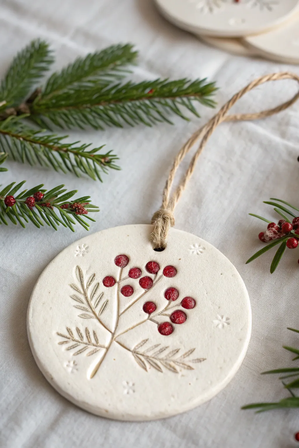 Pressed berry cluster clay ornament with tiny red berries, minimalist and cozy for winter decor