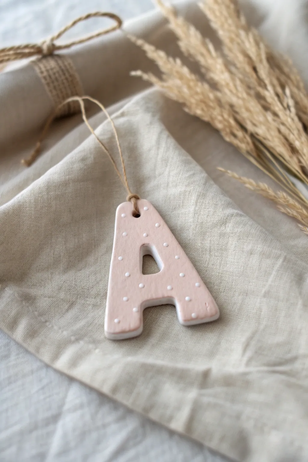 Soft-toned air dry clay letter ornament with minimalist pattern, ready to hang or gift.