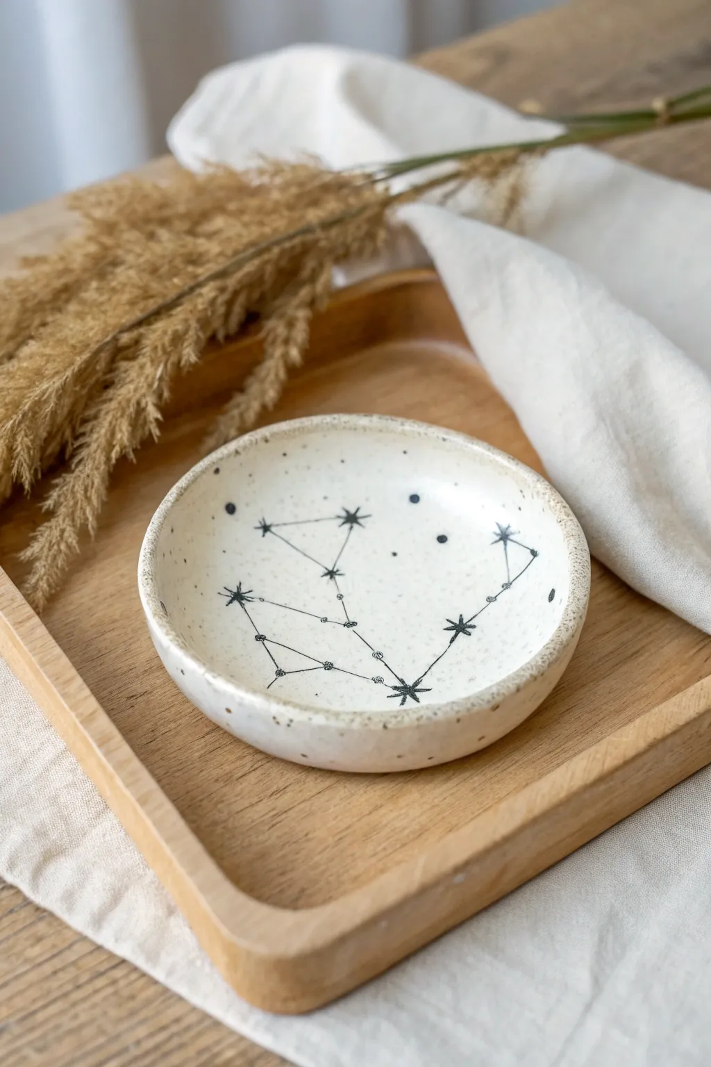 Minimal air dry clay zodiac dish with delicate constellations, perfect handmade birthday gift.