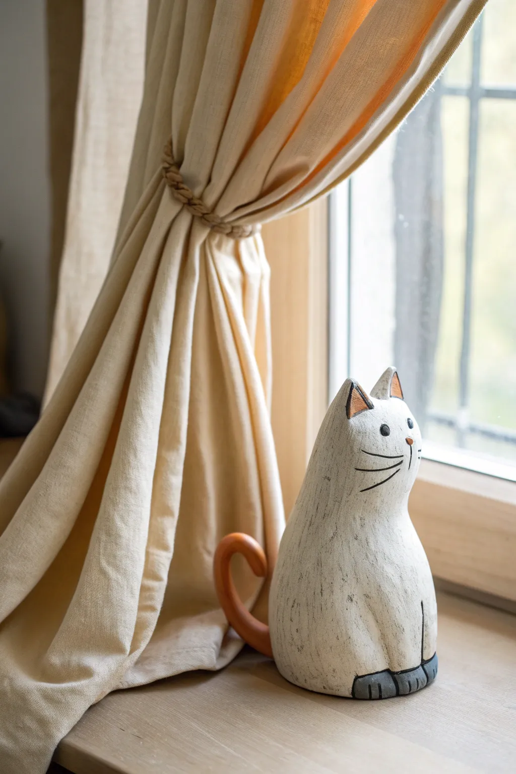 Curtain peek cat sculpture in air dry clay, two-tone minimal design with cozy boho charm