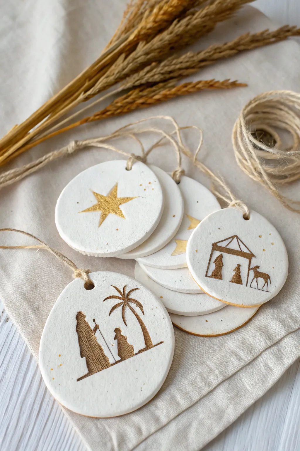 Minimal nativity silhouette clay ornaments in neutral tones with soft gold, tied as a gift-ready set