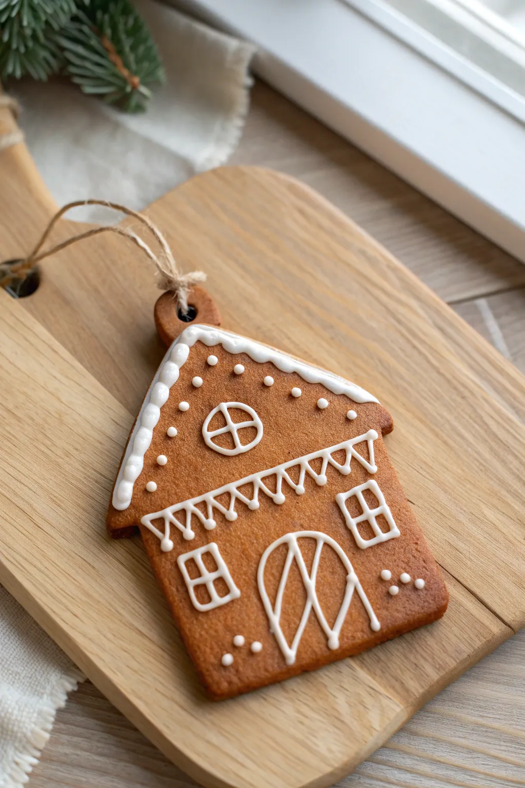 Minimal gingerbread house air-dry clay ornament with white icing details on warm wood.