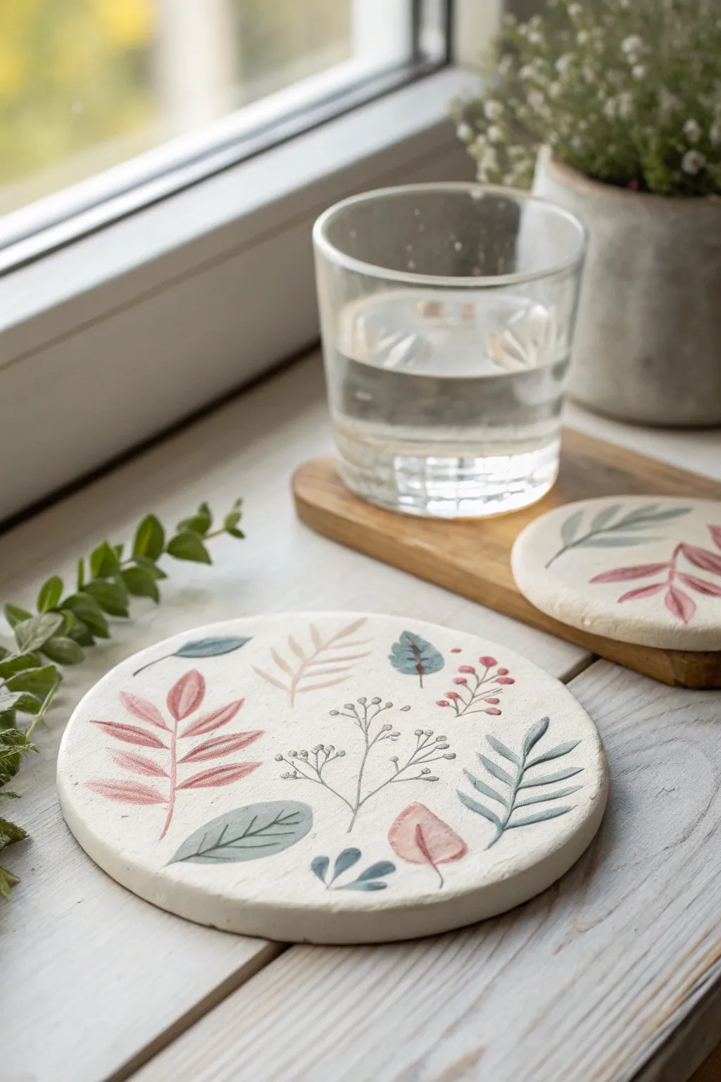 Watercolor-filled botanical grooves on a matte air-dry clay coaster, styled in Nordic minimal calm.