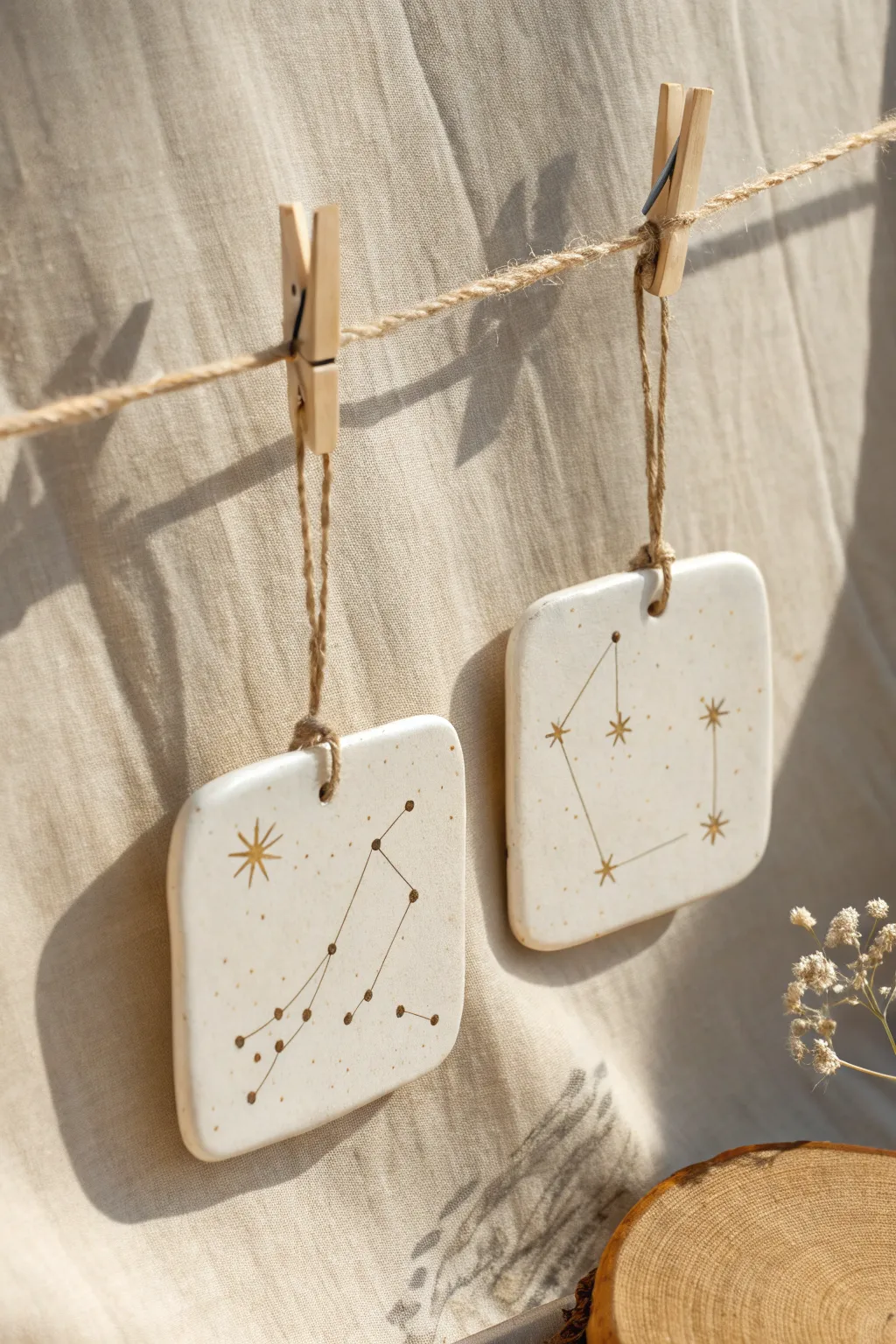 Minimal boho clay constellation couple tiles hanging side by side, simple twine and soft light.
