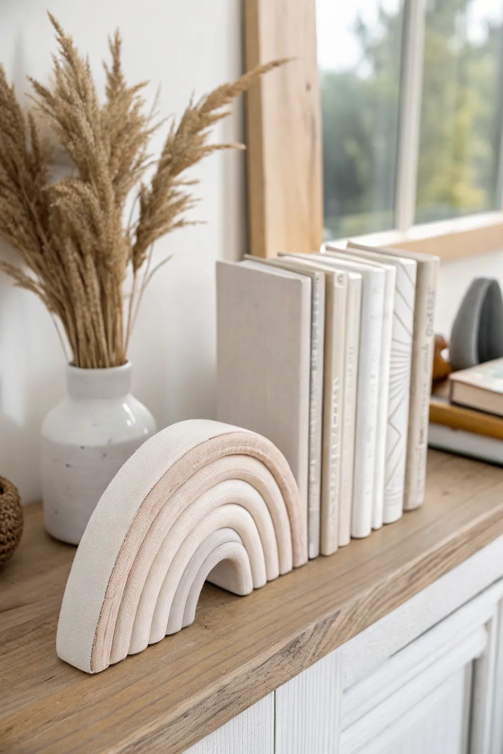 Soft neutral air dry clay bookends bring sculptural calm to your minimalist reading nook
