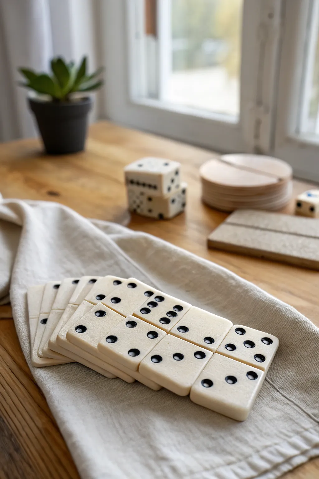 Chunky air dry clay domino tiles with crisp black dots, styled for a calm minimalist game night.