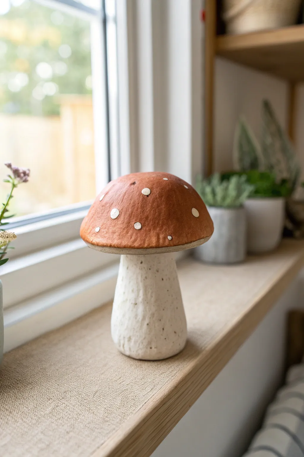 Wonky air dry clay mushroom decor in earthy tones, styled minimal on a light oak shelf