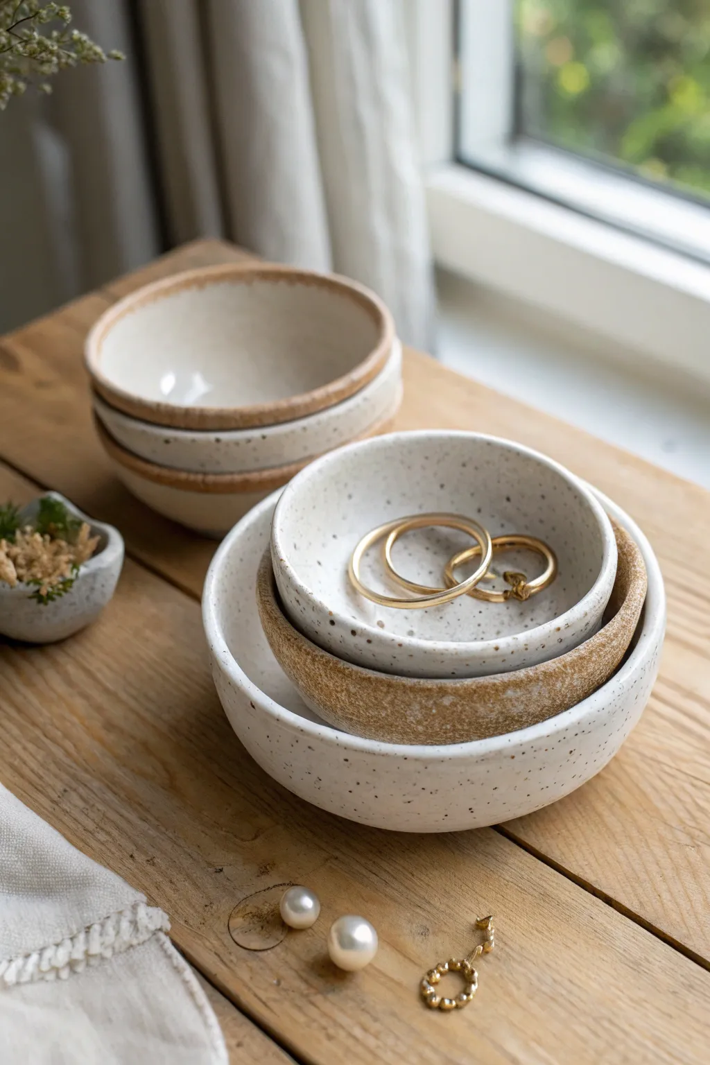Mini nesting air dry clay dishes, perfect for rings and earrings, simple and serene.