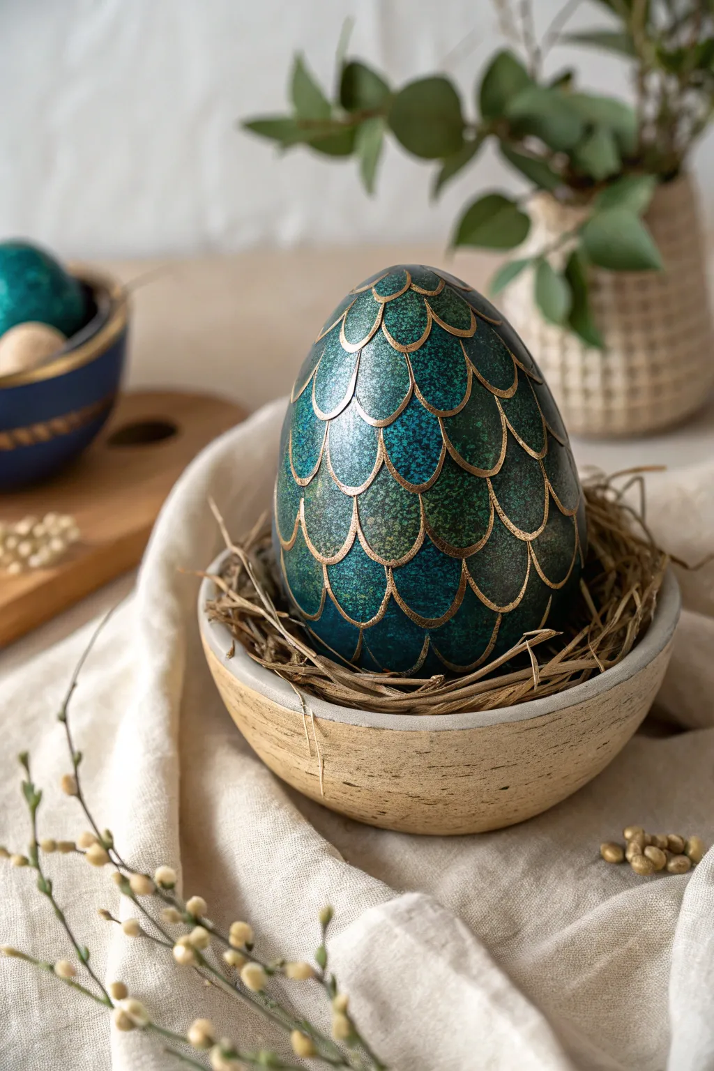 A jewel-toned dragon-scale clay egg in a cozy nest bowl, minimalist Easter magic.
