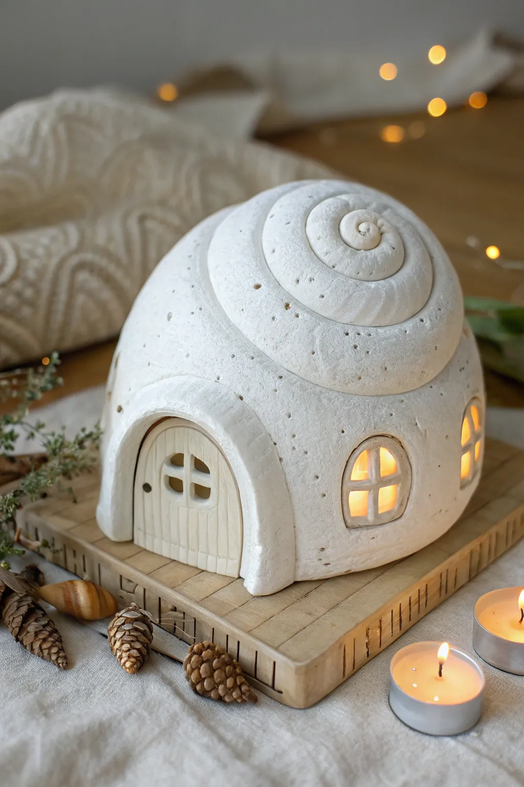 Cozy snail shell fairy house lamp in air dry clay, softly glowing with a tiny LED.