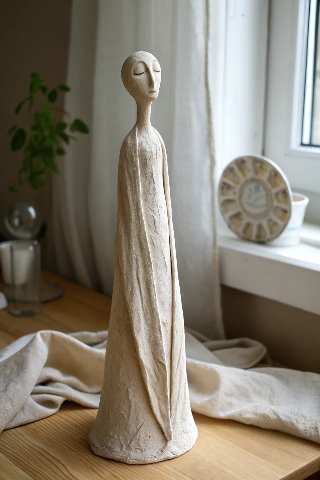 Minimal draped-cloth spirit figure in matte clay, calm monochrome and soft Scandinavian light