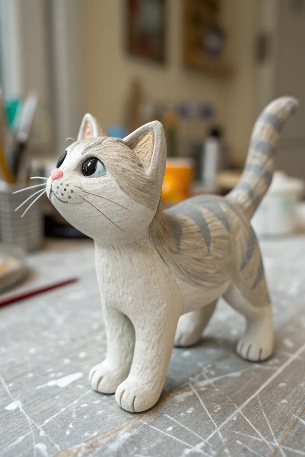 Realistic air dry clay cat with gentle fur texture and warm neutral paint, ready to display.