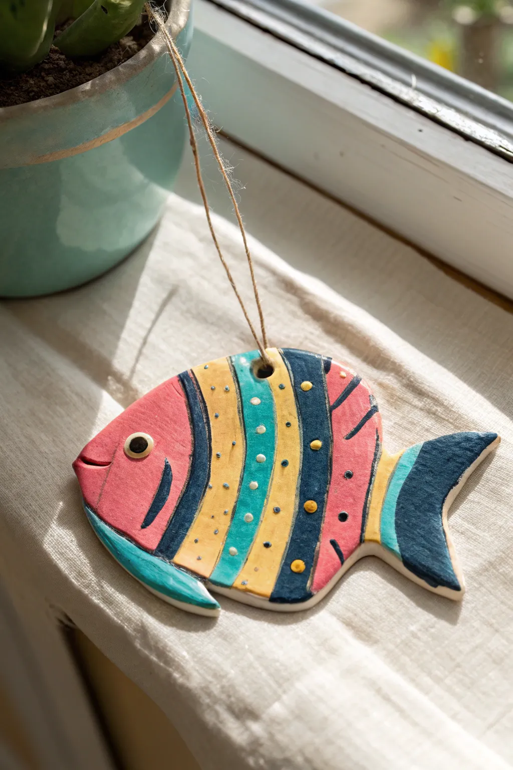 Tropical striped and spotted clay fish with bold colors on a pale minimalist background