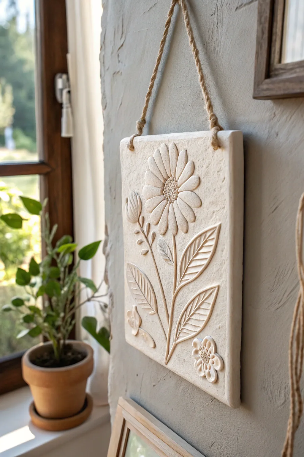 Low-relief air dry clay floral wall tile with soft shadows for a calm Scandinavian boho look