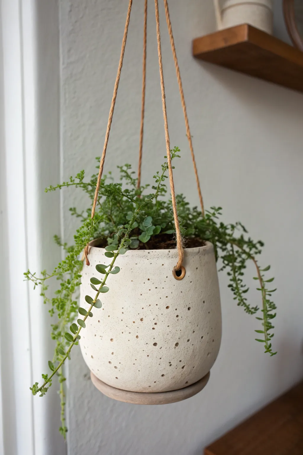Minimal hanging air dry clay pot vase with trailing greenery, perfect for small spaces