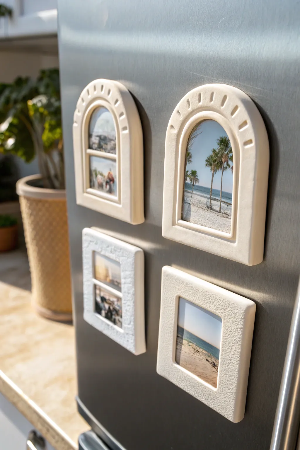 Four mini air dry clay magnet frames in a neat grid, bright, minimal, and perfectly handmade