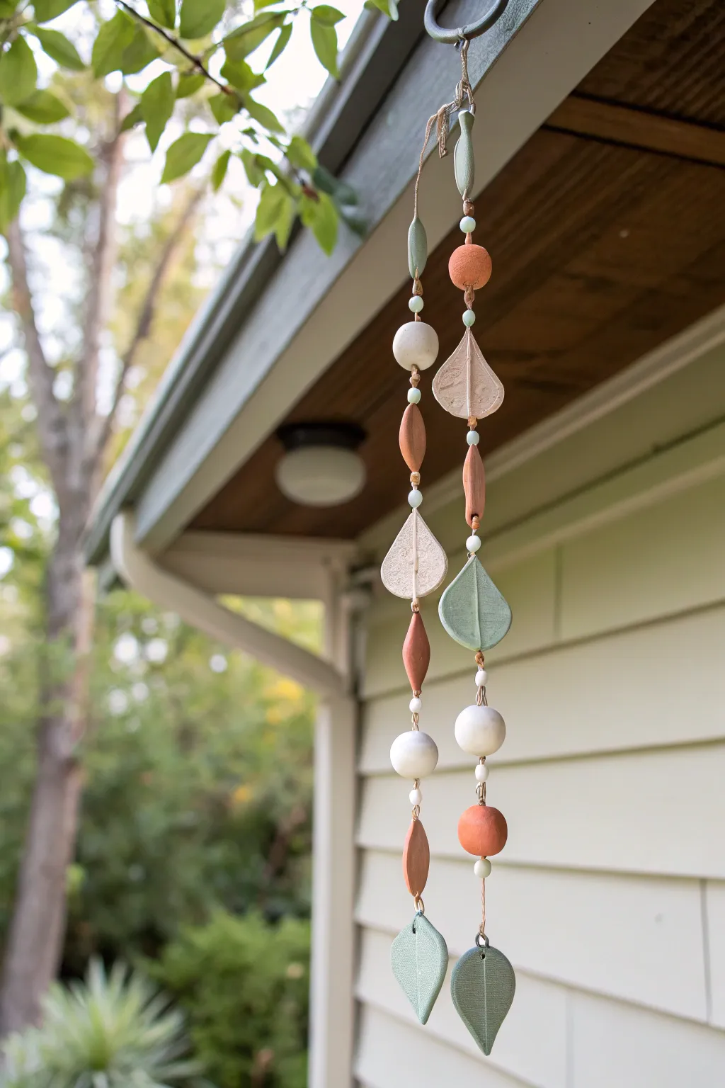 Simple air dry clay rain chain charms bring soft boho detail to your downspout this spring.