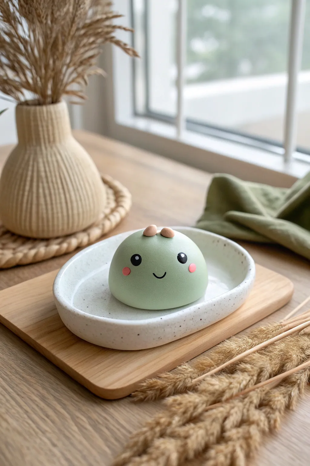 Kawaii pastel frog worry stone, air-dry clay finish on a white tray, calm minimalist styling.