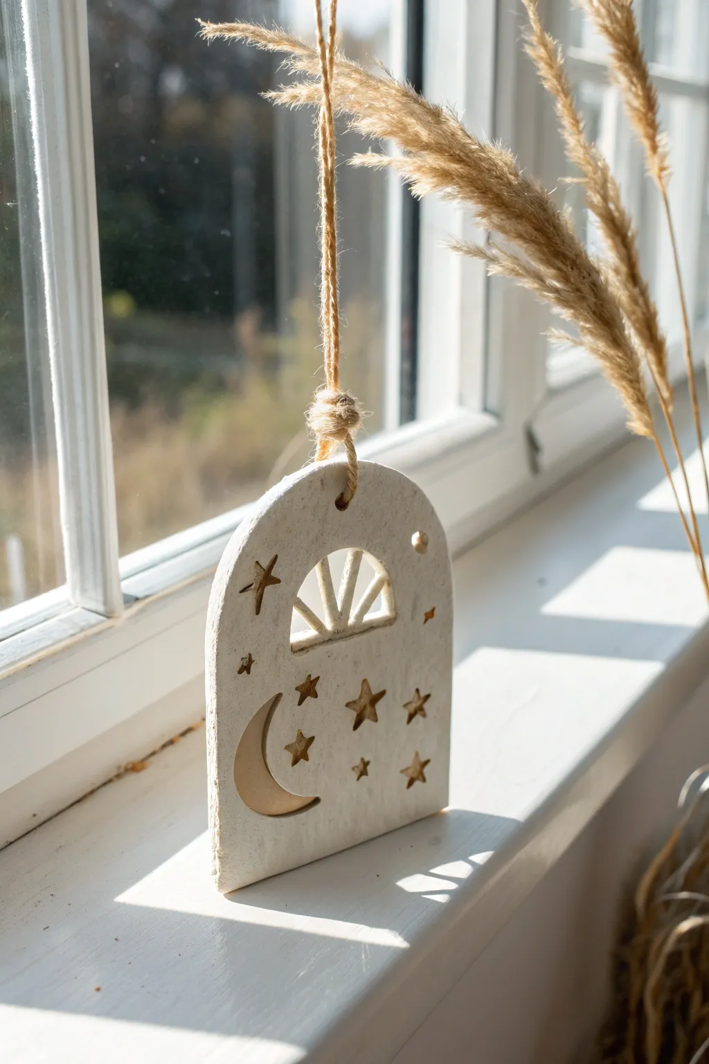 Minimal air dry clay suncatcher with dreamy cutouts, glowing softly in a bright window