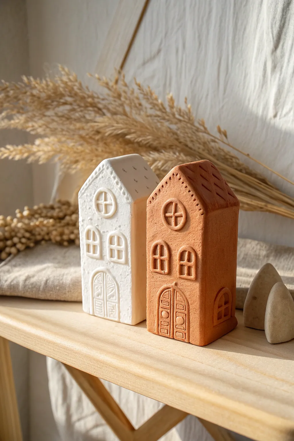 Mini air-dry clay house facades for date night, styled as a cozy street scene on a shelf.