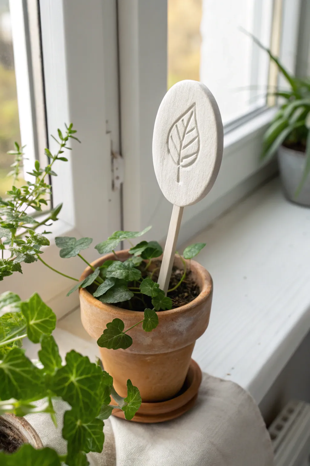 Minimal air-dry clay plant marker stake in a fresh herb pot, bright Nordic windowsill mood