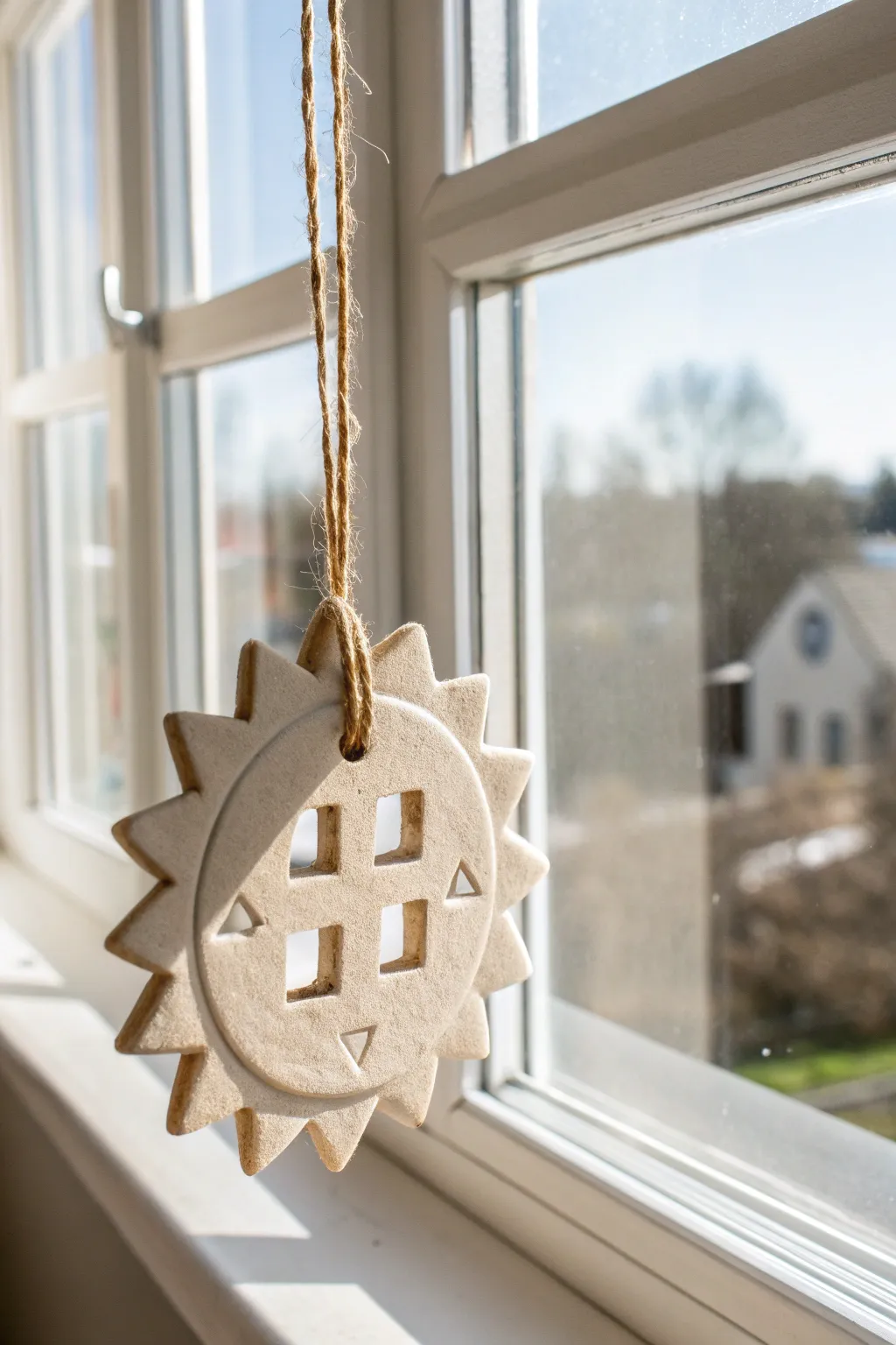 Simple sun cutout suncatcher in air dry clay, glowing in a bright window for easy kid crafting