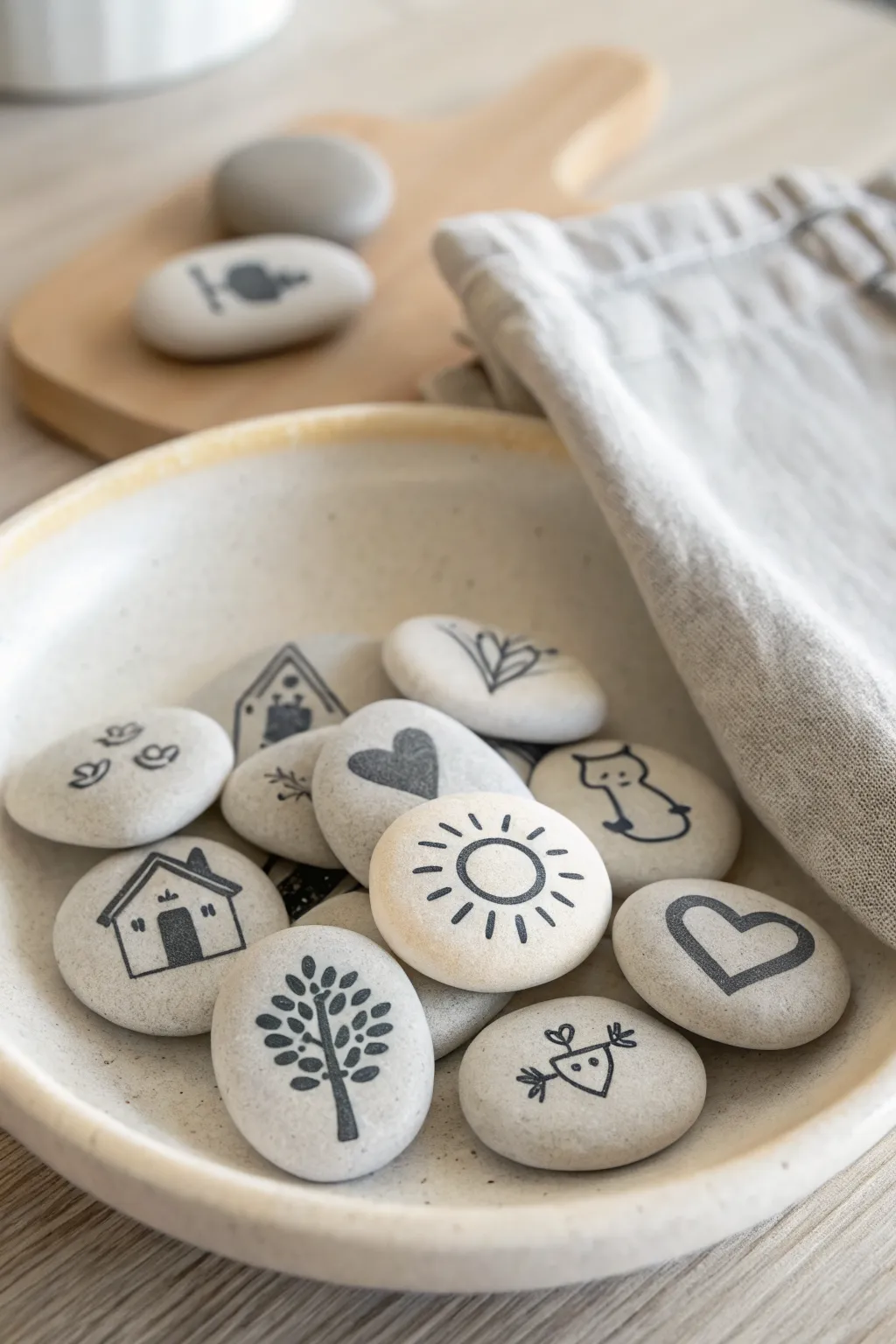 Painted air-dry clay story stones with simple icons, a sweet kindergarten storytelling set.