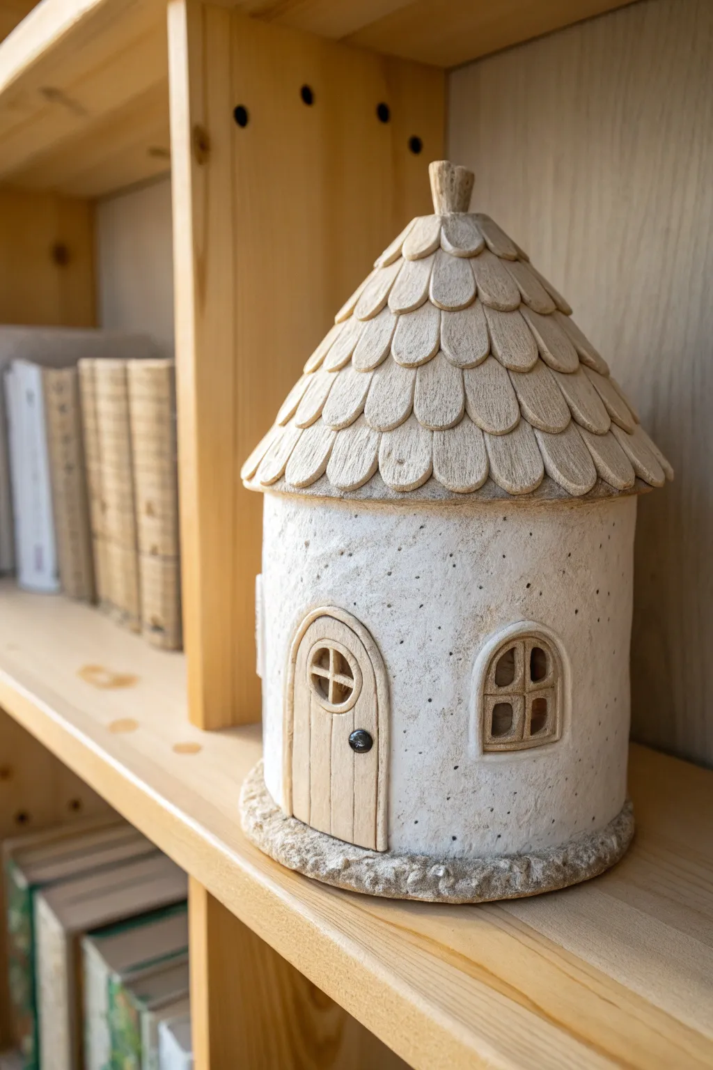 Whimsical air dry clay fairy cottage jar with a tiny door and windows in warm cozy light