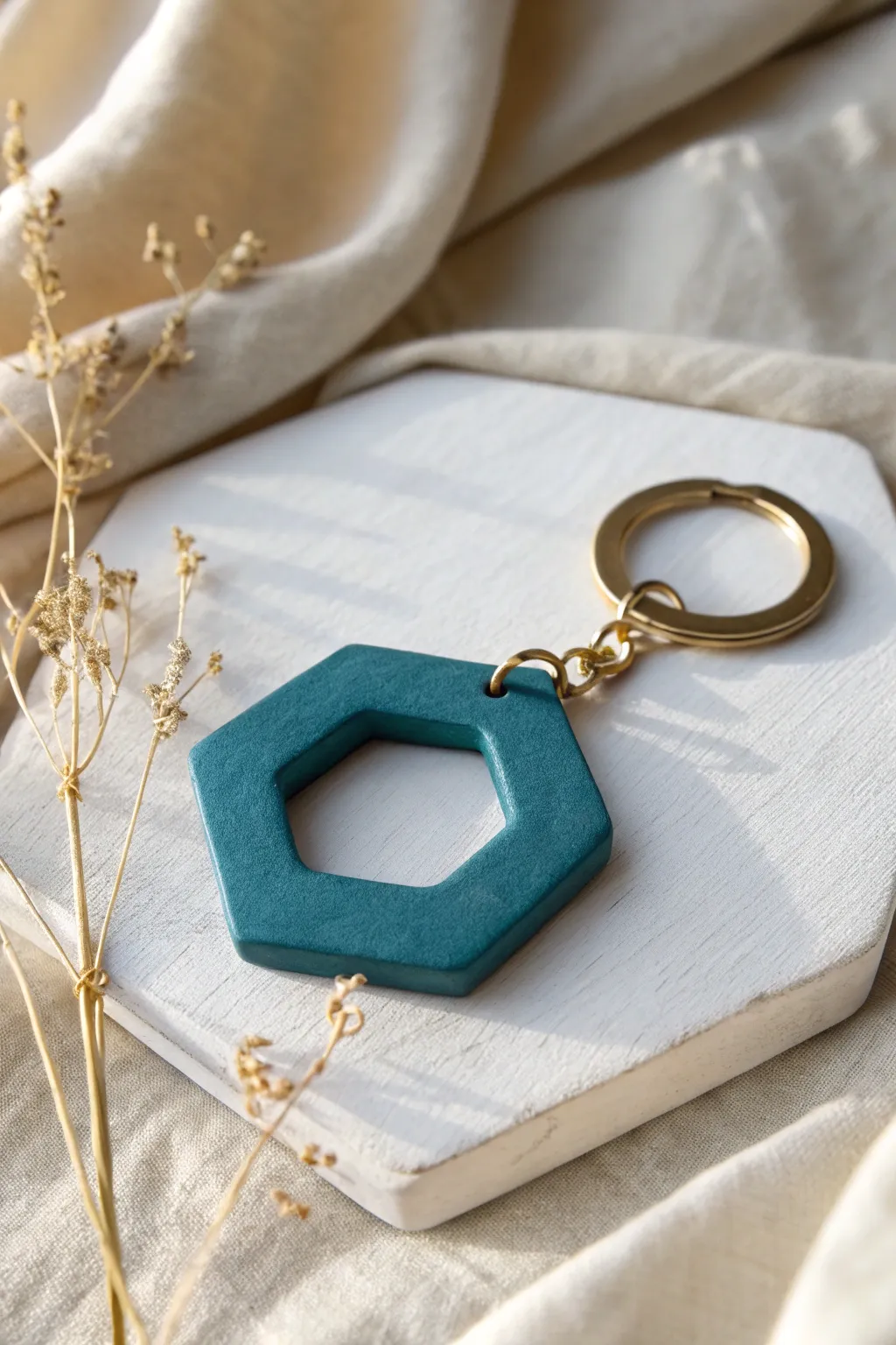 Minimalist geometric cutout keychain in smooth teal clay, a bold pop against soft linen