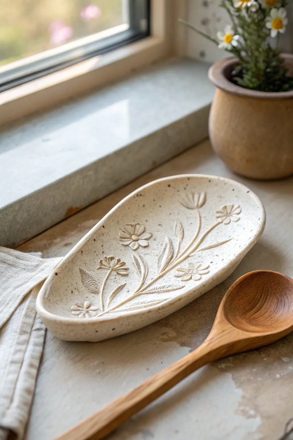 Floral air dry clay spoon rest, a simple Mothers Day gift that brightens her minimalist kitchen.