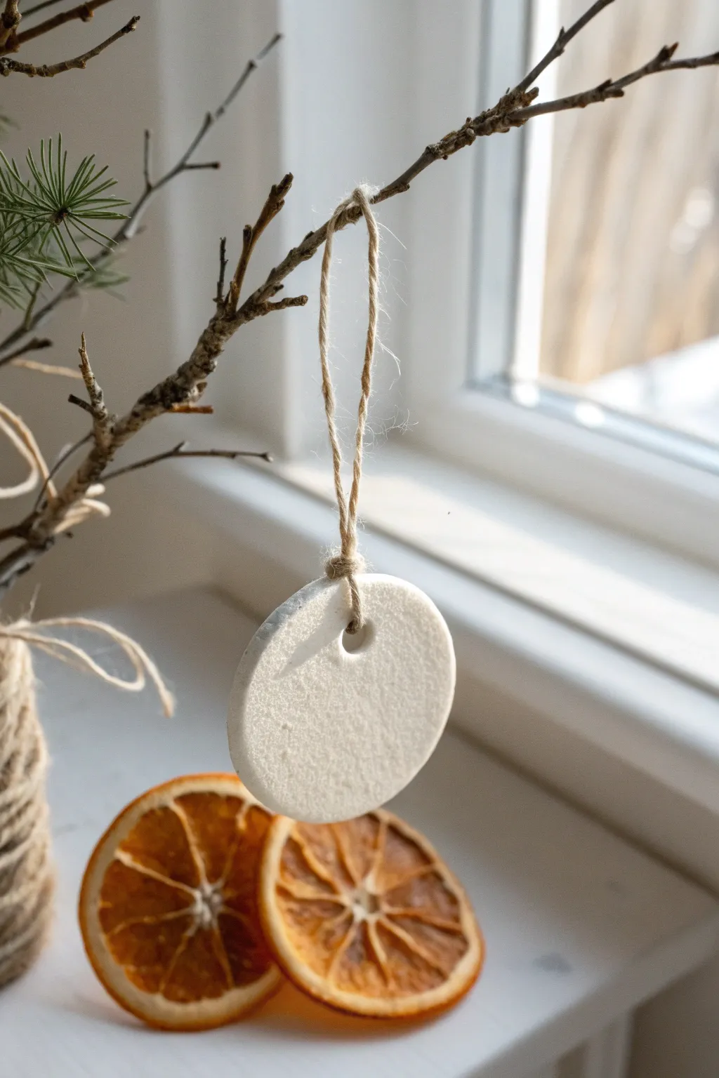 Simple white clay ornament with dried citrus glow, Scandinavian minimal meets cozy boho.