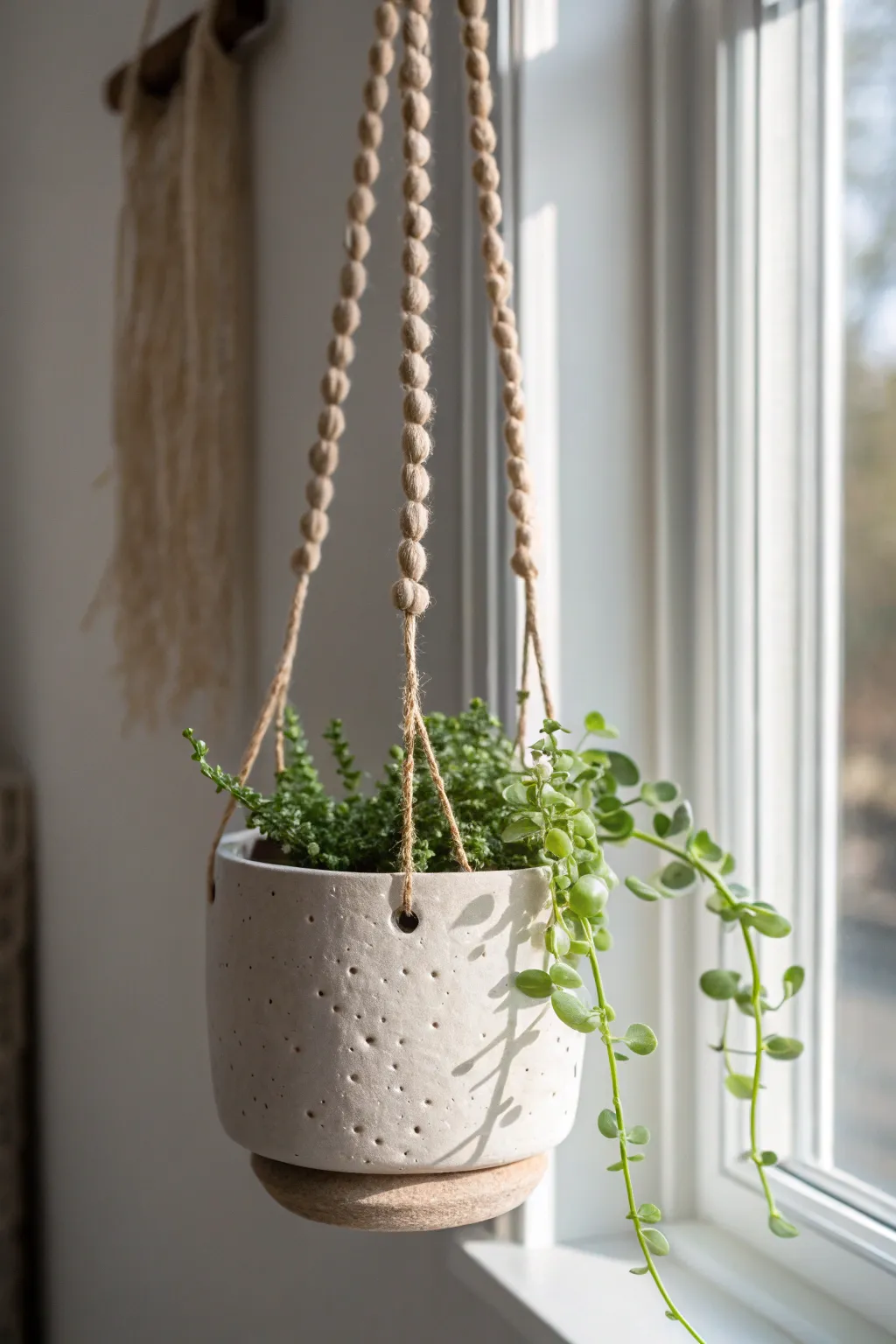 Air-dry clay hanging mini planter with cord holes for an airy, minimalist boho nook.
