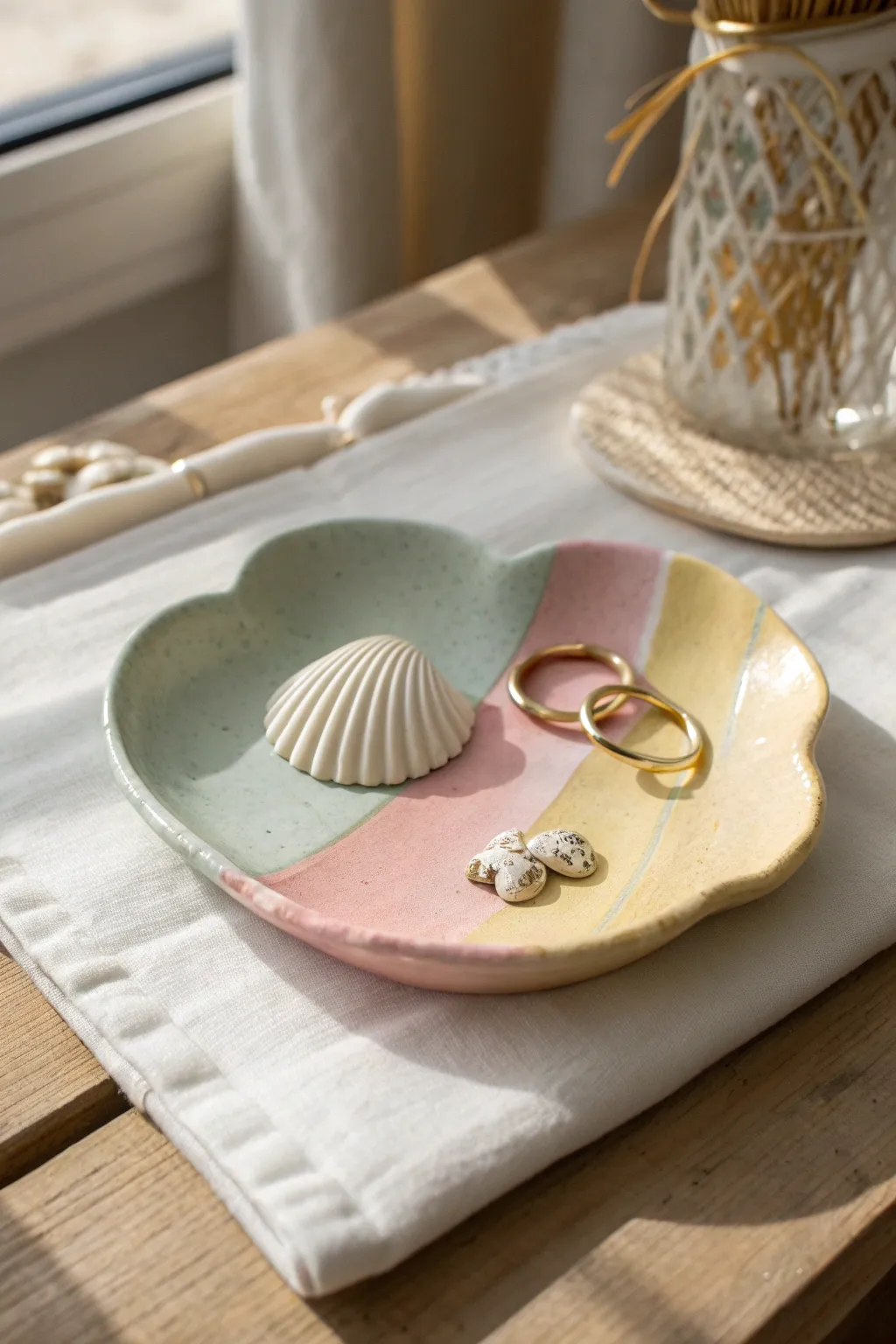 Cloud-shaped air dry clay plate in pastel color blocks, a sweet statement trinket dish
