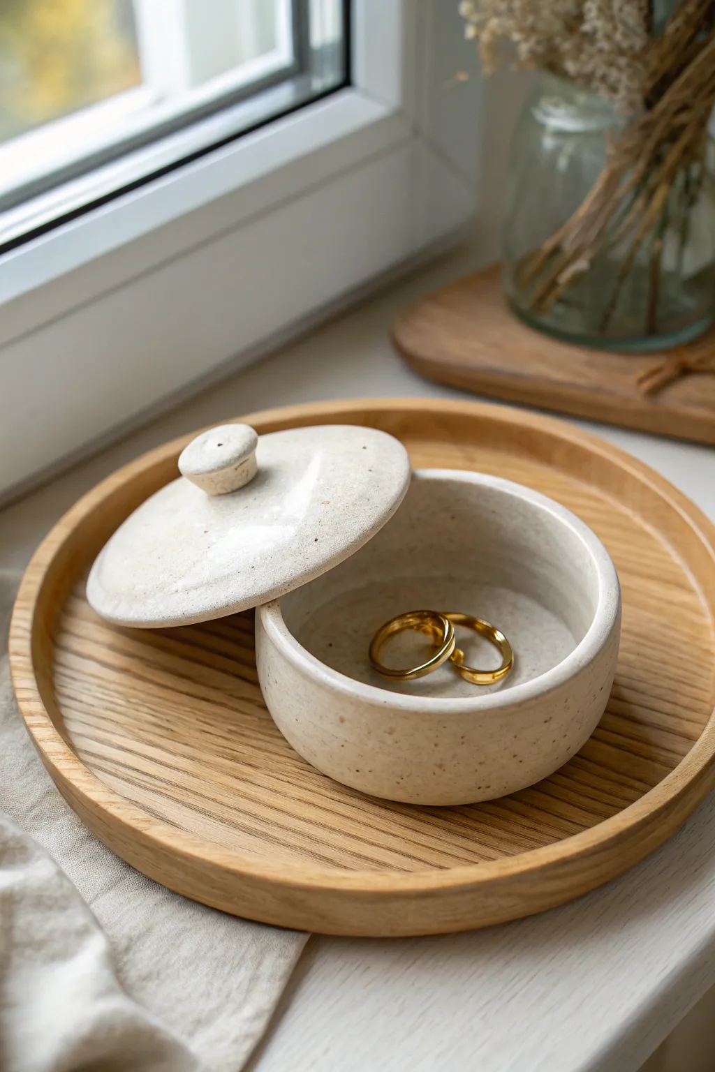 A sweet lidded air dry clay dish with a tiny knob, slightly open to keep rings safe.