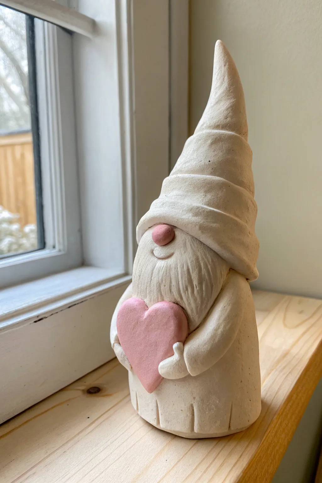 Cute air dry clay Valentine gnome holding a blush heart, styled in cozy minimalist decor