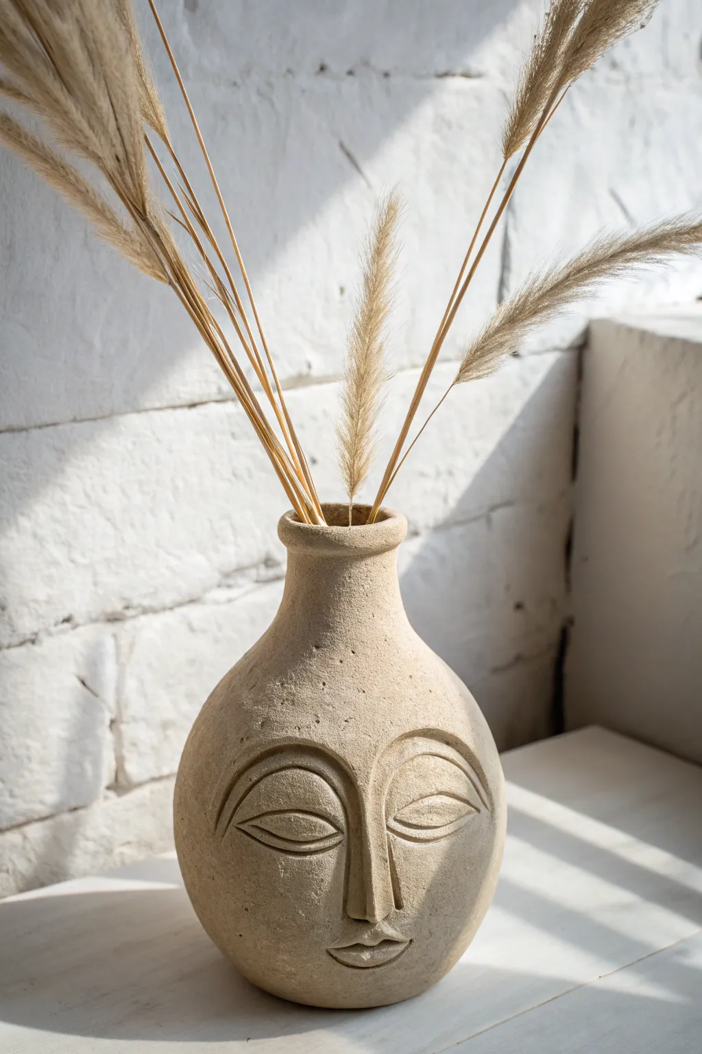 Modernist air dry clay face vase in warm neutrals, perfect for dried stems and calm decor