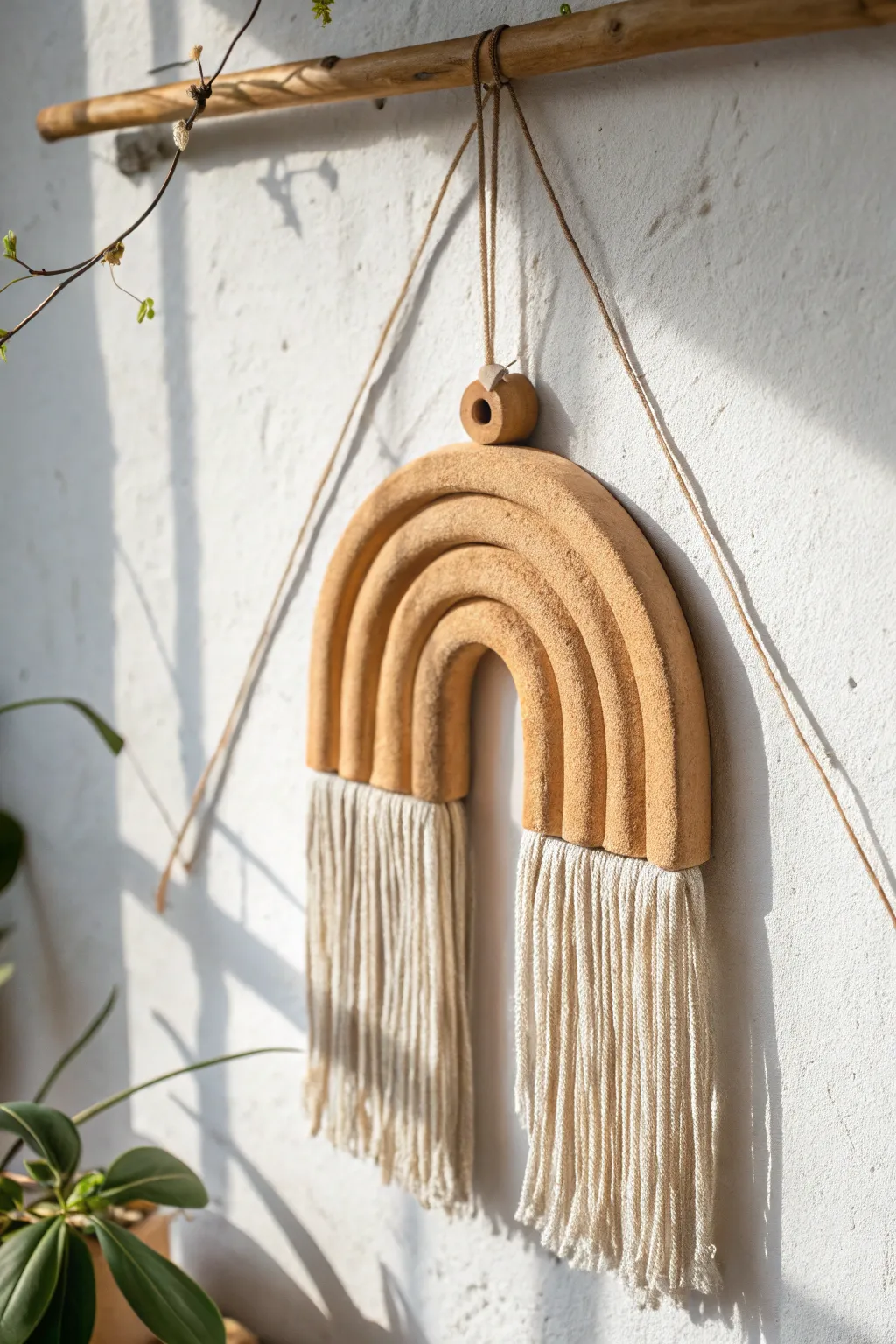 Minimal clay arch with soft cotton fringe, a simple boho wall weave perfect for air dry clay decor.