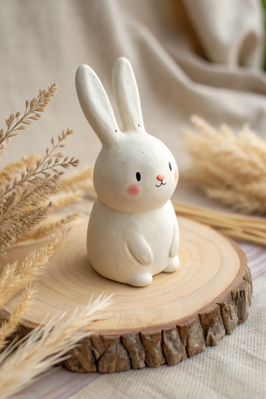 A sweet bunny-cat chimera: minimalist clay creature with boho warmth and handmade charm.