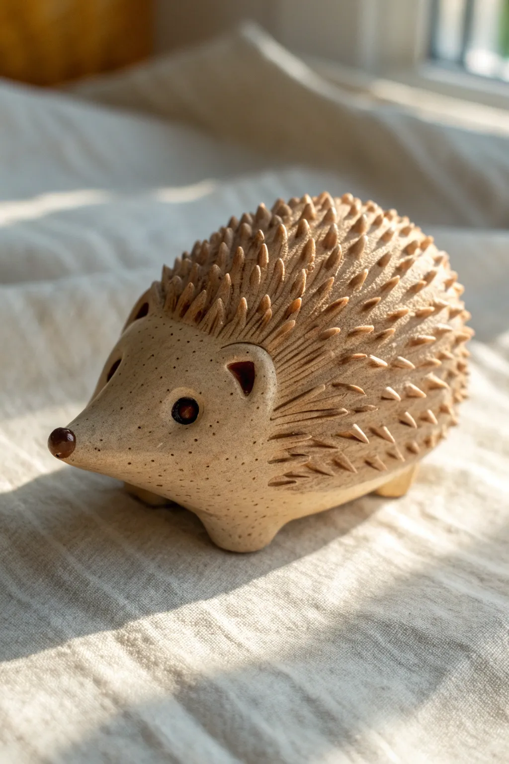 Minimal speckled clay hedgehog whistle with stamped spines and a smooth, sweet face