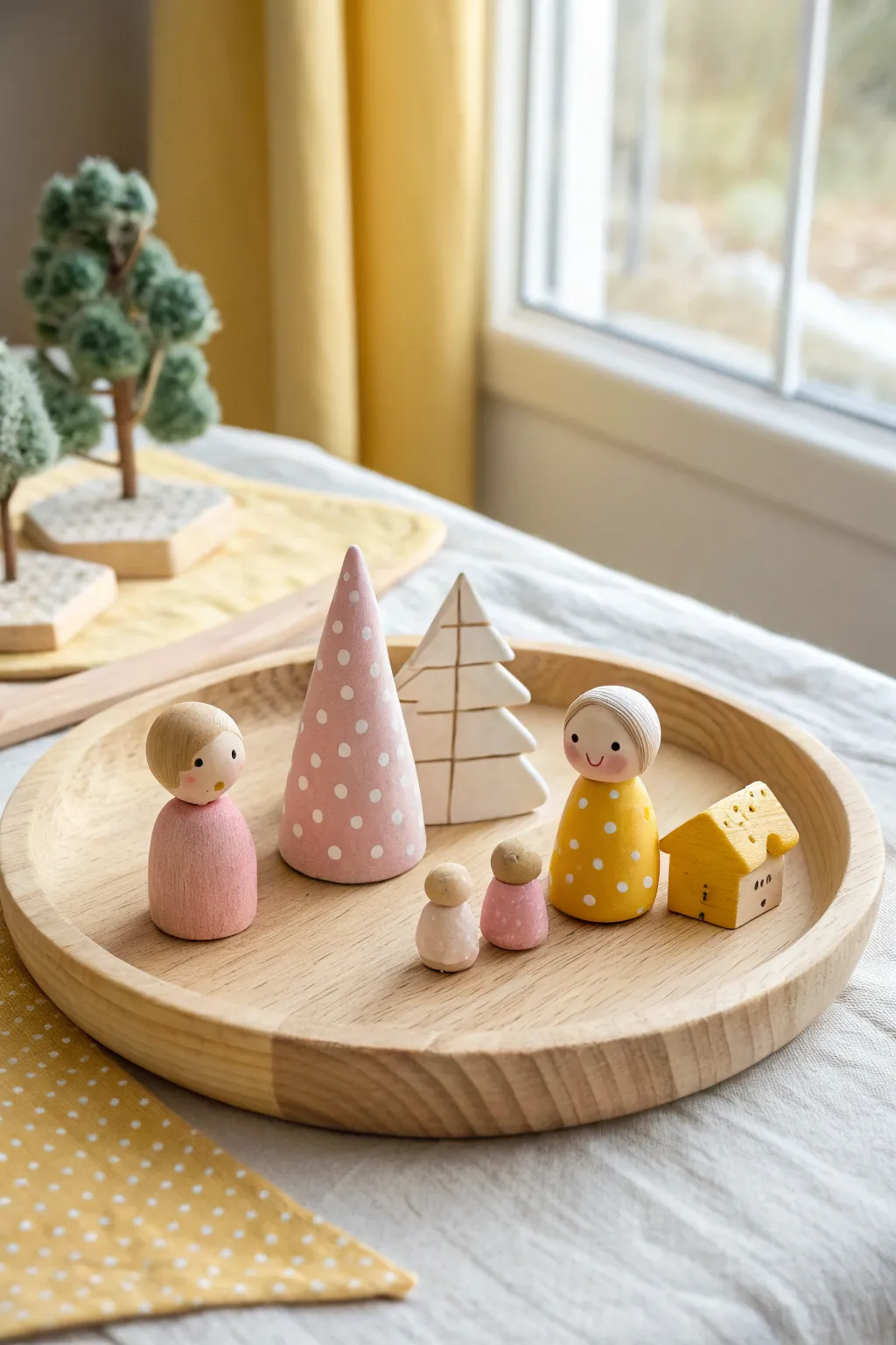 Kid-made air dry clay mini world figures, simple shapes and soft pastels in a cozy scene