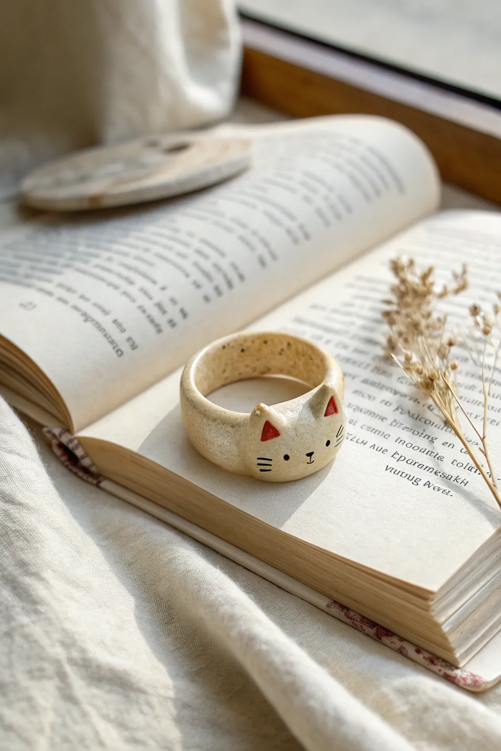 Cute kitty ear clay page holder ring resting on an open book, simple and cozy Scandinavian style.