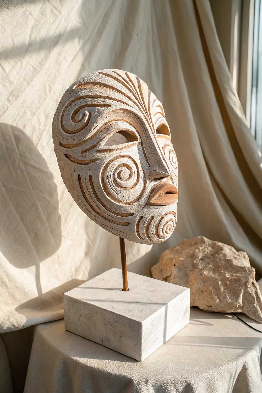 Swirling deconstructed clay face mask with soft boho texture and dramatic side shadows.