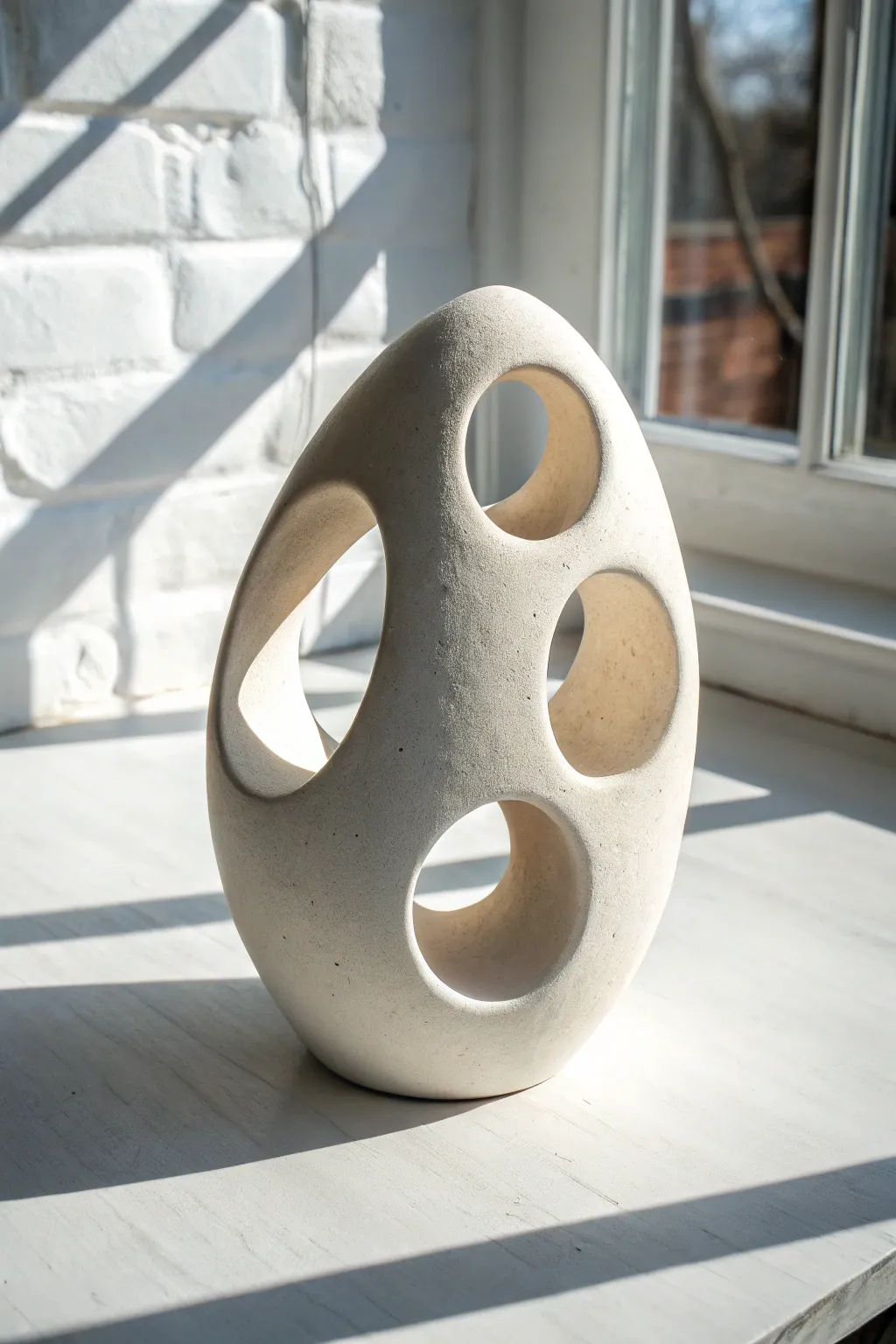 Smooth abstract clay form with clean oval cutouts, lit from the side to highlight negative space.