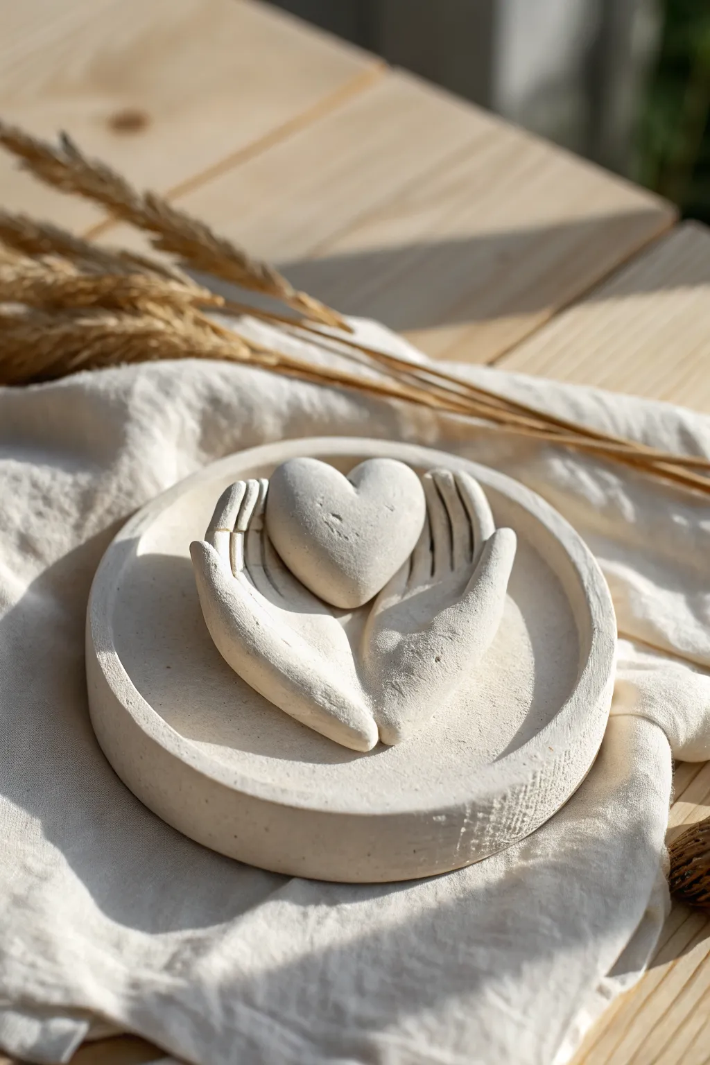 Tiny clay hands cradling a chunky heart, a sweet minimalist sculpture idea anyone can try